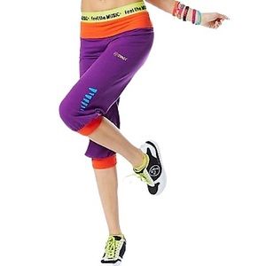 Zumba size large bright purple, yellow, & blue capri sweatpants, EUC, like new